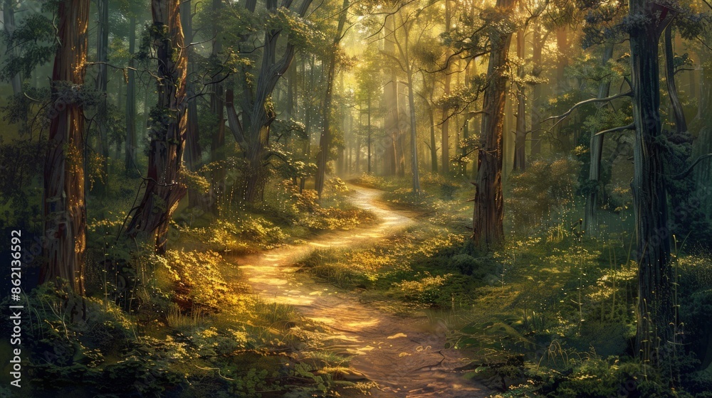 Fototapeta premium A forest path with a lot of trees and flowers. Generate AI image