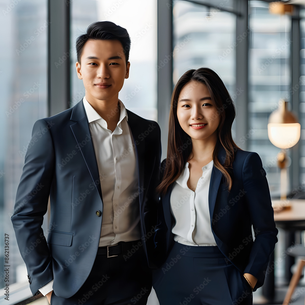 Portrait of two young Asian business professionals in a modern office setting, exuding confidence and entrepreneurial spirit. Portrait of two young Asian business professionals in a modern office setting, exuding confidence and entrepreneurial spirit.