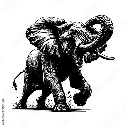 Elephant in black and white animal drawing,