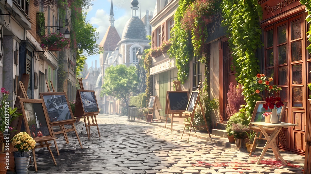 Fototapeta premium 5. Craft a whimsical scene of Montmartre's cobblestone streets and artists' easels, capturing the bohemian charm and artistic spirit that permeate this iconic Parisian neighborhood.