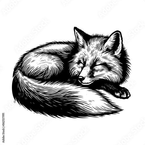 fox in black and white animal drawing,