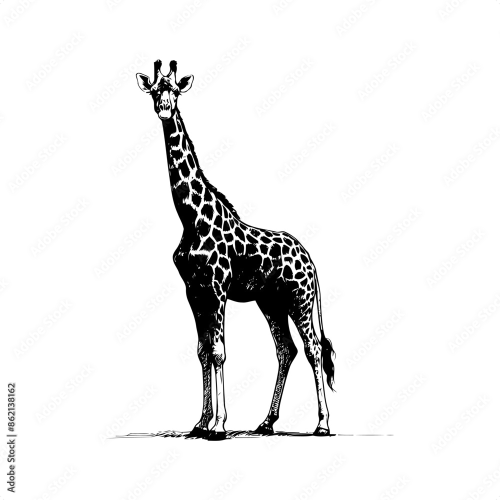 Naklejka premium Giraffe in black and white animal drawing,