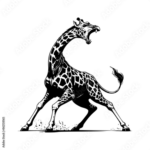 Giraffe in black and white animal drawing,