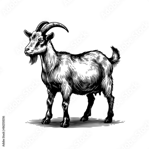 Goat in black and white animal drawing,