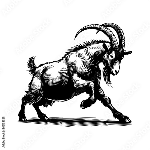 Goat in black and white animal drawing,