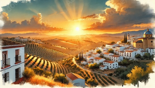 A sunset over white-washed villages of Andalusia, with golden rays illuminating rolling hills and olive groves photo