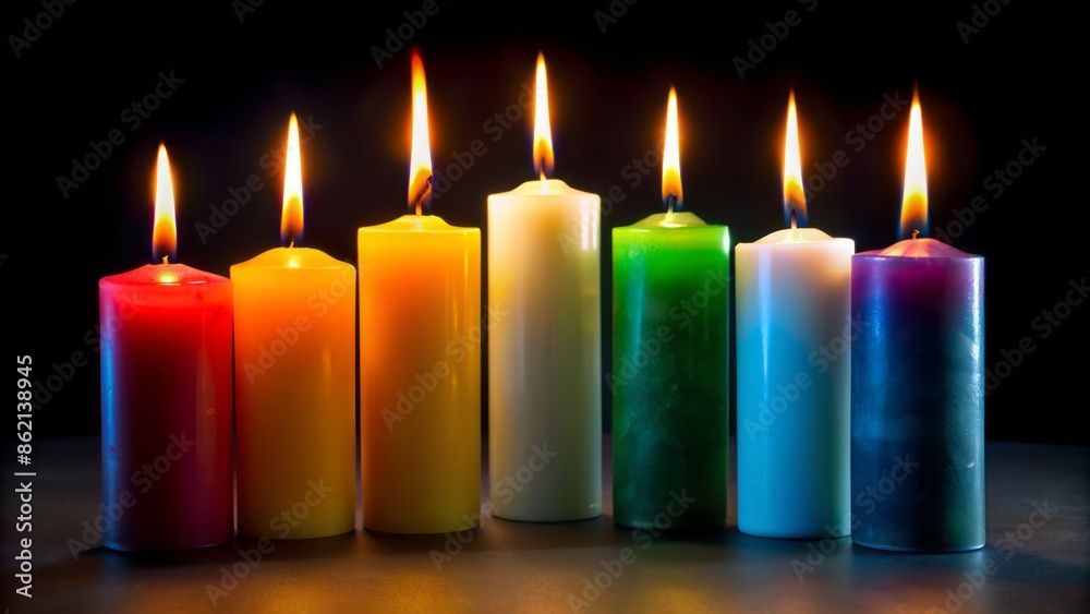 Vibrant white, yellow, orange, red, and blue candles in a rainbow gradient, standing in a single row on a black background. Vibrant white, yellow, orange, red, and blue candles in a rainbow gradient, standing in a single row on a black background.