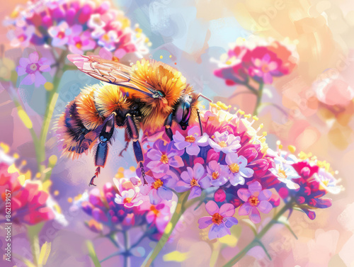 Beautiful Watercolor Bee on Yarrow Flower Illustration Detailed, High Resolution, Nature Inspired Art Print for Home Decor, Greeting Cards, and More photo