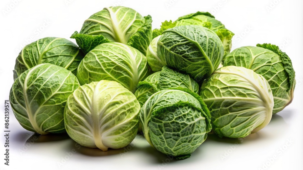 Fresh crisp green cabbage heads lies scattered on a clean white background, with subtle shadows and soft natural light. Fresh crisp green cabbage heads lies scattered on a clean white background, with subtle shadows and soft natural light.