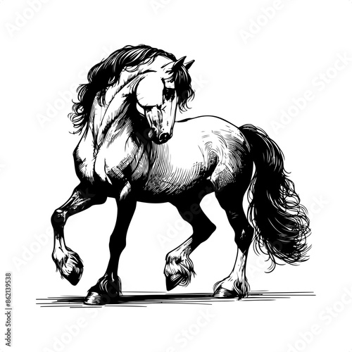 Horse in black and white animal drawing,