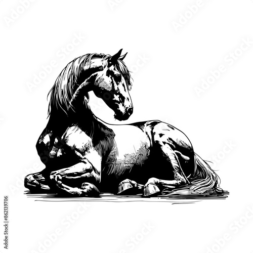 Horse in black and white animal drawing,