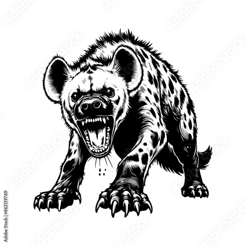 hyena in black and white animal drawing,
