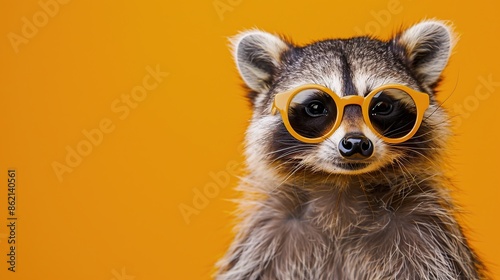 Raccoon in Sunglasses Against a Vibrant Orange Background © We3 Animal
