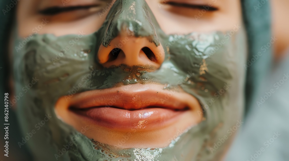 A young couple enjoyed a spa day with facial masks in a beauty salon, focusing on the woman's face as she laid down smiling with her eyes closed for a mud clay treatment A young couple enjoyed a spa day with facial masks in a beauty salon, focusing on the woman's face as she laid down smiling with her eyes closed for a mud clay treatment