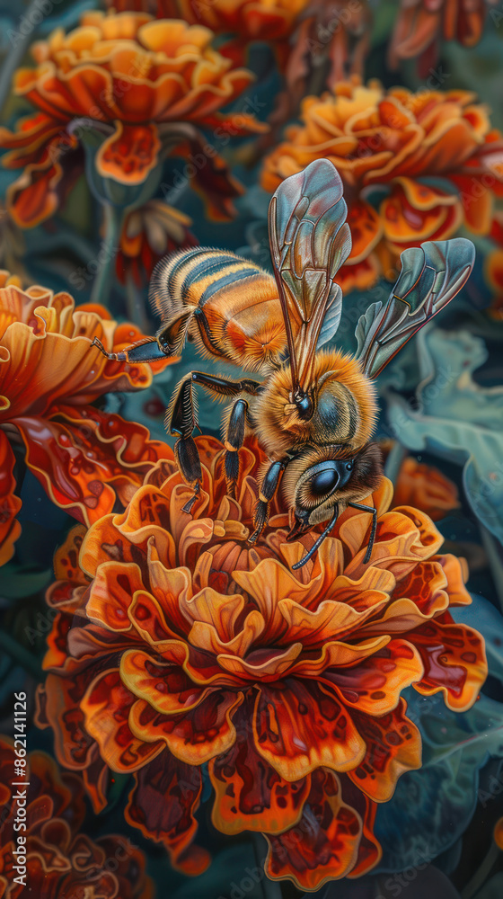 Vibrant Watercolor of a Detailed Bee on Bright Marigold Flowers Stunning Digital Painting Perfect for Nature and Art Lovers Vibrant Watercolor of a Detailed Bee on Bright Marigold Flowers Stunning Digital Painting Perfect for Nature and Art Lovers
