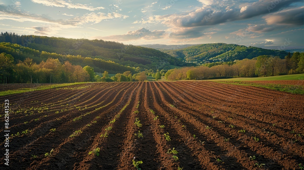 A peaceful field - rows of freshly ploughed earth, carefully prepared for planting next season's crop, symbolising the promise of growth and the cyclical nature of agricultural life. A peaceful field - rows of freshly ploughed earth, carefully prepared for planting next season's crop, symbolising the promise of growth and the cyclical nature of agricultural life.