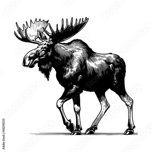 Moose in black and white animal drawing,