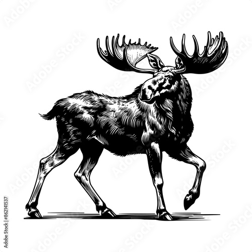 Moose in black and white animal drawing,