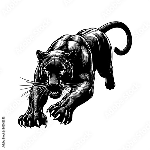 Panther in black and white animal drawing,