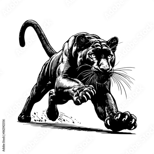 Panther in black and white animal drawing,