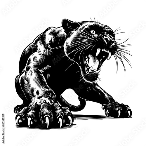 Panther in black and white animal drawing,