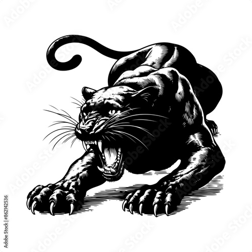Panther in black and white animal drawing,