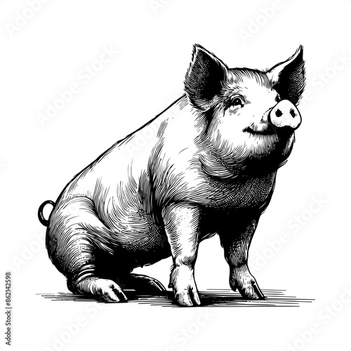 pig in black and white animal drawing,