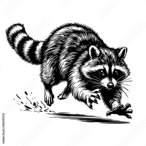 Raccoon in black and white animal drawing,
