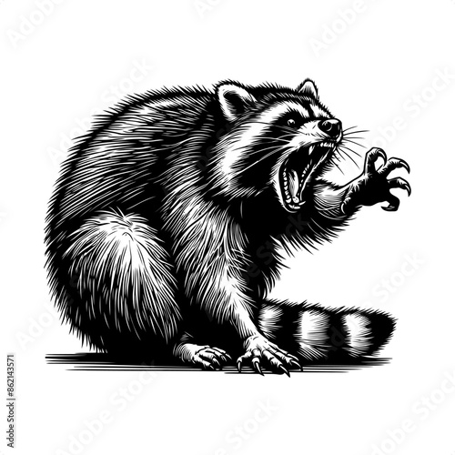 Raccoon in black and white animal drawing,
