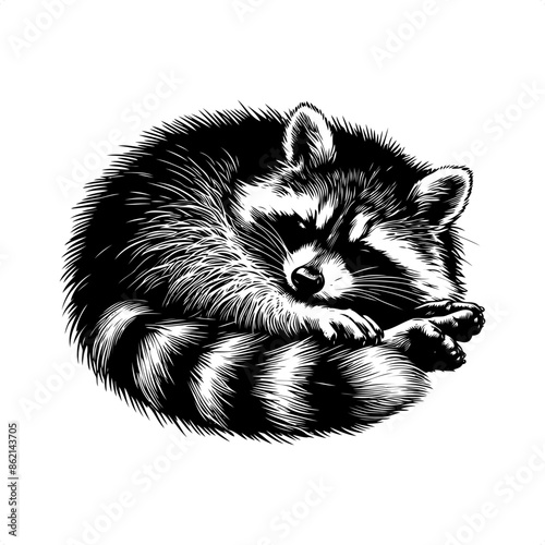 Raccoon in black and white animal drawing,