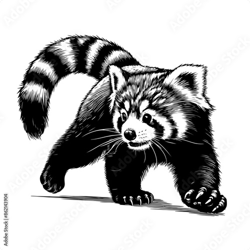 red panda in black and white animal drawing,