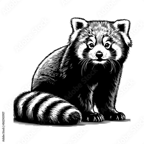 red panda in black and white animal drawing,