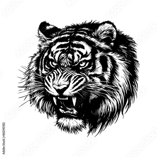 Tiger in black and white animal drawing,