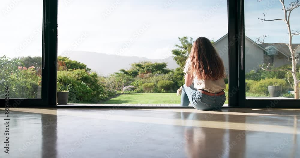 Home, girl and dog with ball, playful and sunshine with weekend break, fun and relax. Person, pet owner and woman with canine, summer and cheerful with trust, apartment and best friend with holiday