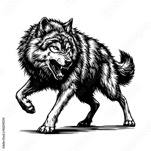Wolf in black and white animal drawing,