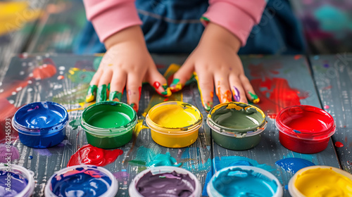 Child's hands playing with colorful paints on a wooden surface photo