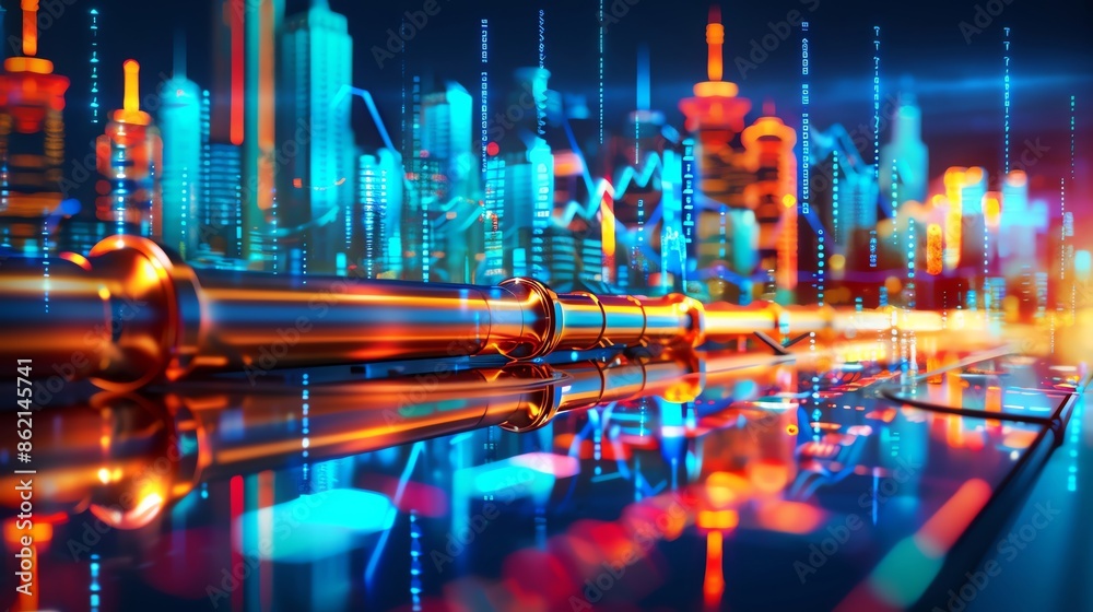 Fototapeta premium Futuristic digital cityscape with neon lights, data lines, and high-tech pipes, representing advanced technology and urban development.