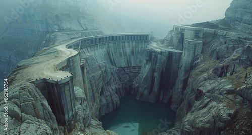 A Massive Concrete Dam and Bridge in a Mountainous Valley