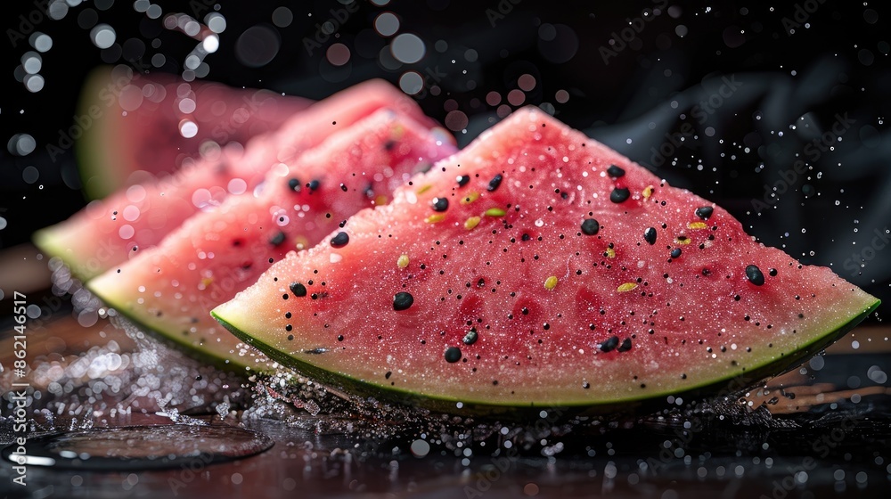 Water splashing on Sliced of watermelon on black background, generative ai Water splashing on Sliced of watermelon on black background, generative ai