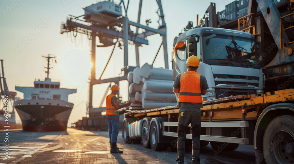 Workers loading cargo at a port Workers loading cargo at a port