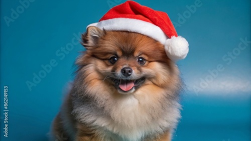 Fluffy Pomeranian puppy in a red Christmas hat, standing and smiling