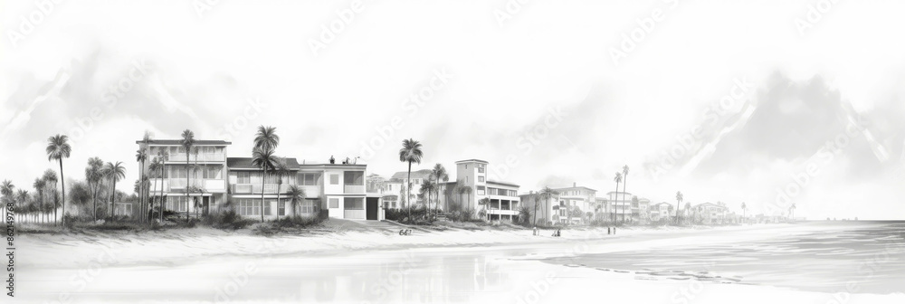 Black and White Sketch of Coastal Houses with Palm Trees Lining the Beach in a Serene and Tranquil Setting Black and White Sketch of Coastal Houses with Palm Trees Lining the Beach in a Serene and Tranquil Setting