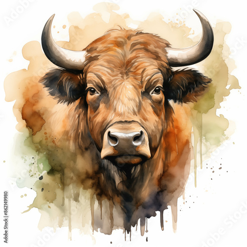 Artistic Watercolor Painting of a Majestic Brown Bull with Intricate Details and Natural Tones photo