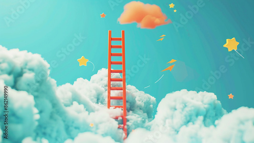 Ladder extending into the clouds at night with stars in the sky, perfect for dreams and aspirations themes.