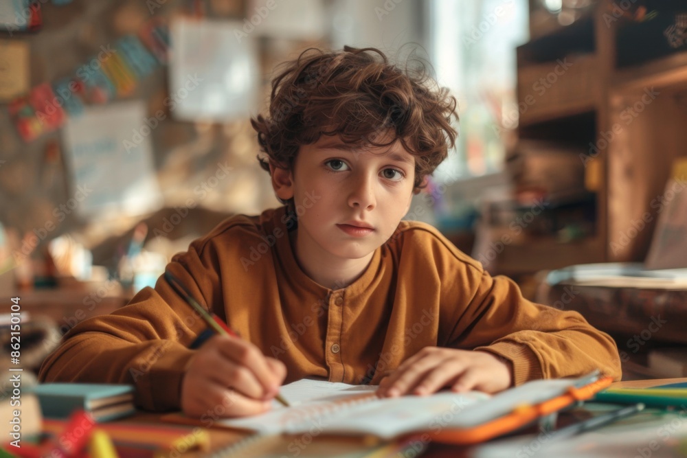 boy sitting at a desk, writing in a notebook, with school supplies scattered around and a focused expression boy sitting at a desk, writing in a notebook, with school supplies scattered around and a focused expression