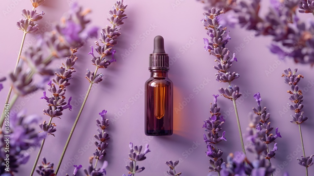 A bottle of essential oil nestled among lavender stems on a soft purple background, presented in a flat lay composition from a top view perspective. A bottle of essential oil nestled among lavender stems on a soft purple background, presented in a flat lay composition from a top view perspective.