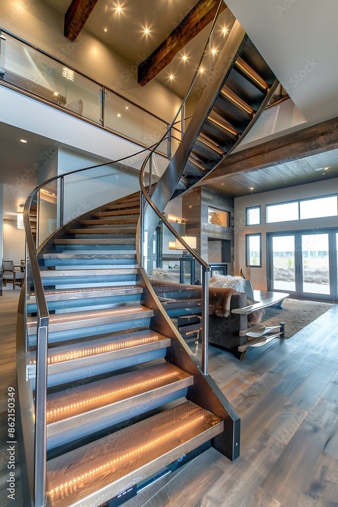 Fototapeta premium Curved wooden staircase with metal accents and RGB lighting, creating a focal point in a modern open-concept living space.