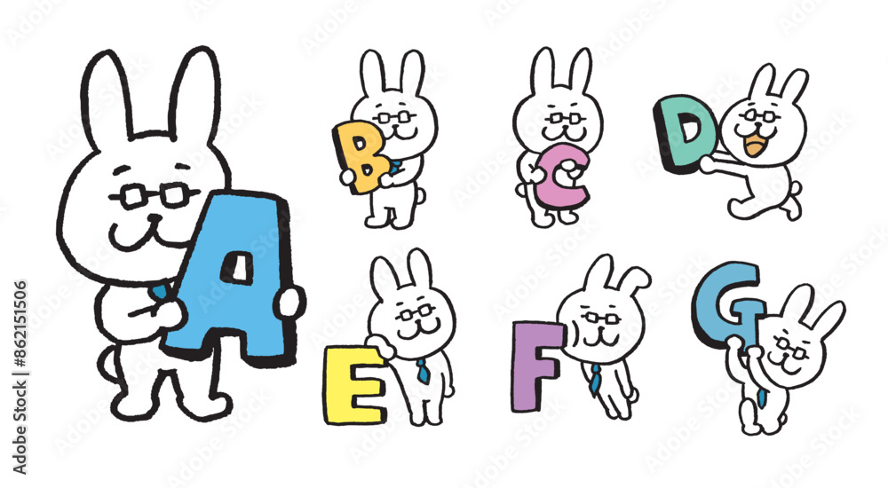 Obraz premium ネクタイとメガネを付けた先生風のうさぎのキャラ素材