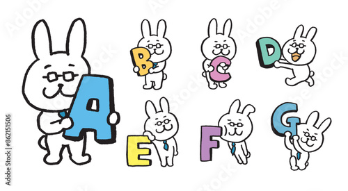 ネクタイとメガネを付けた先生風のうさぎのキャラ素材