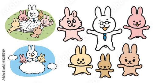 ネクタイとメガネを付けた先生風のうさぎのキャラ素材
